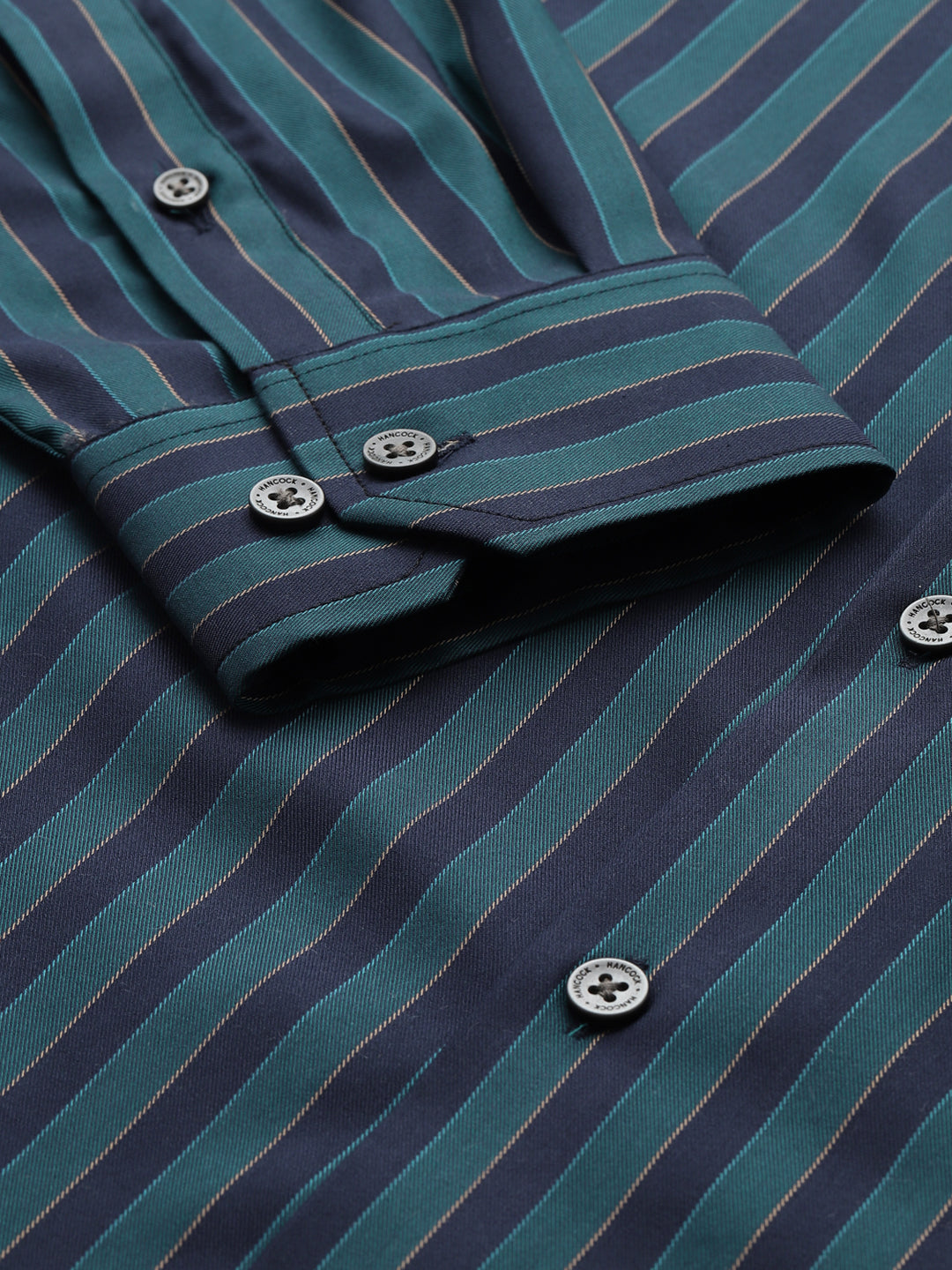 Men Navy Blue & Green Pure Cotton Vertical Striped Slim Fit Formal Shirt