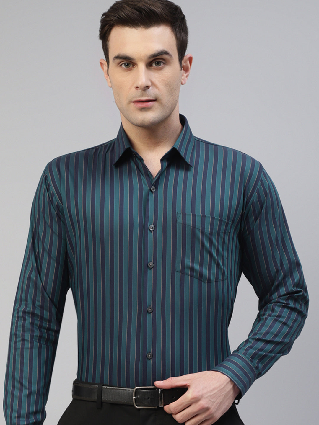 Men Navy Blue & Green Pure Cotton Vertical Striped Slim Fit Formal Shirt