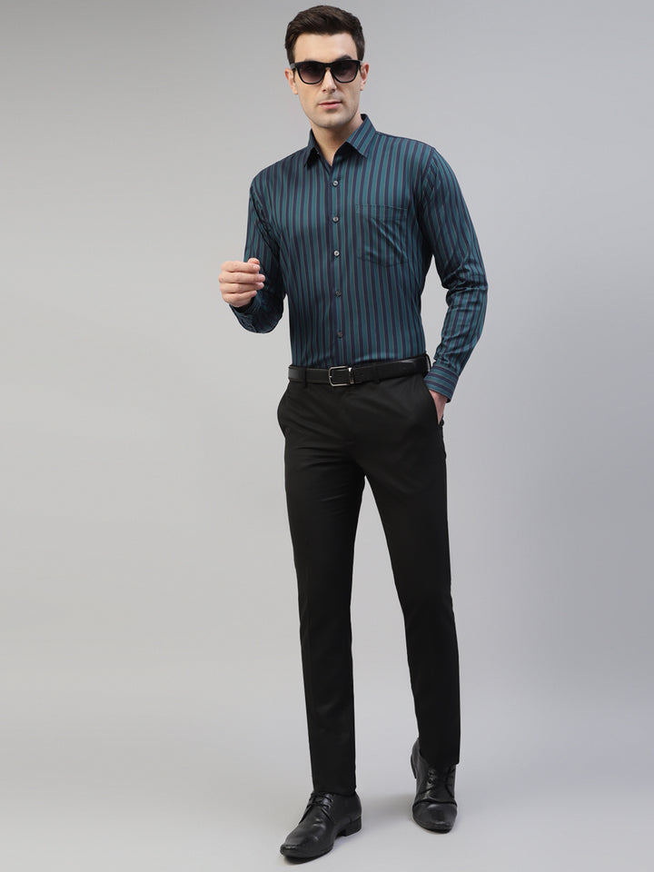 Men Navy Blue & Green Pure Cotton Vertical Striped Slim Fit Formal Shirt