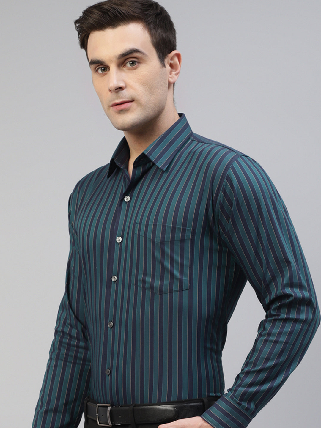 Men Navy Blue & Green Pure Cotton Vertical Striped Slim Fit Formal Shirt