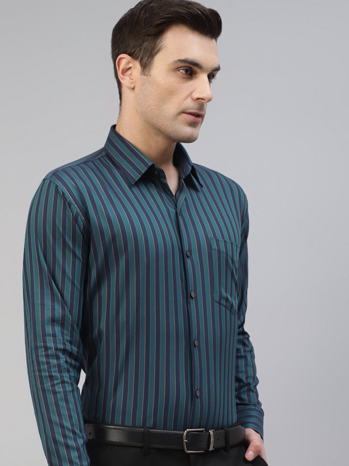 Men Navy Blue & Green Pure Cotton Vertical Striped Slim Fit Formal Shirt