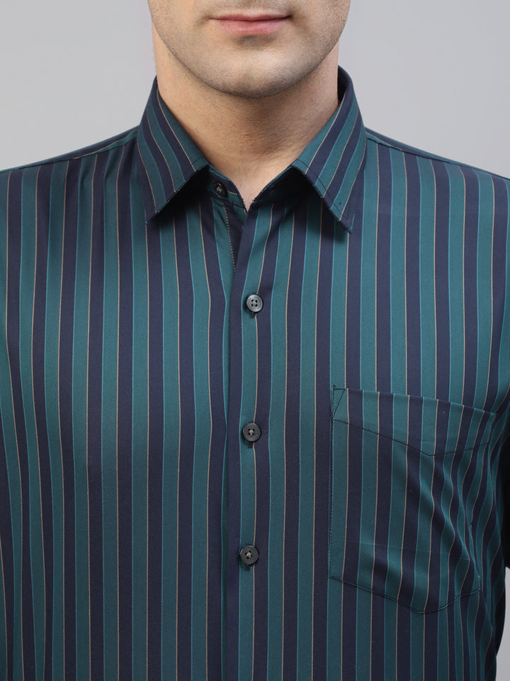 Men Navy Blue & Green Pure Cotton Vertical Striped Slim Fit Formal Shirt