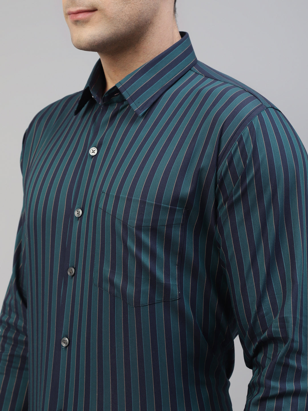 Men Navy Blue & Green Pure Cotton Vertical Striped Slim Fit Formal Shirt