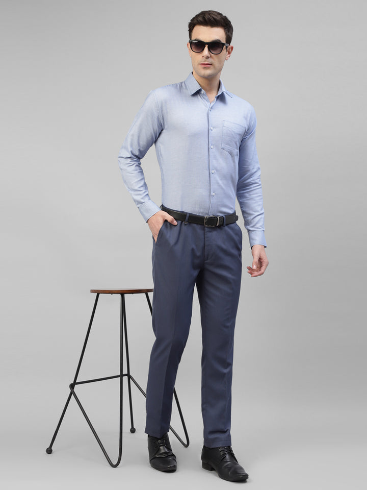 Men Sky Blue Houndstooth Self Design Pure Cotton Slim Fit Formal Shirt