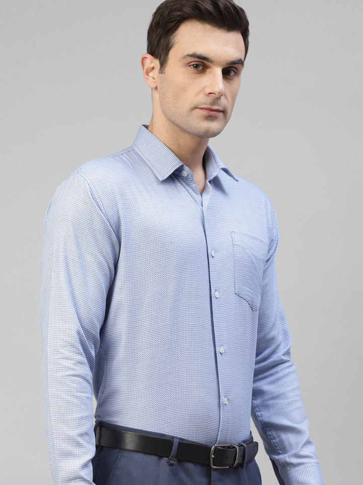 Men Sky Blue Houndstooth Self Design Pure Cotton Slim Fit Formal Shirt