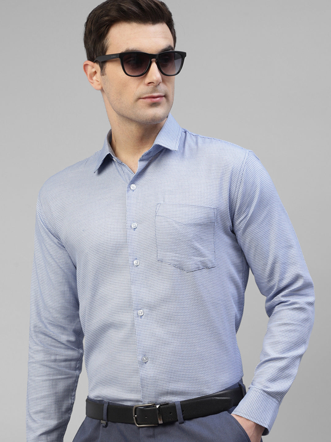 Men Sky Blue Houndstooth Self Design Pure Cotton Slim Fit Formal Shirt