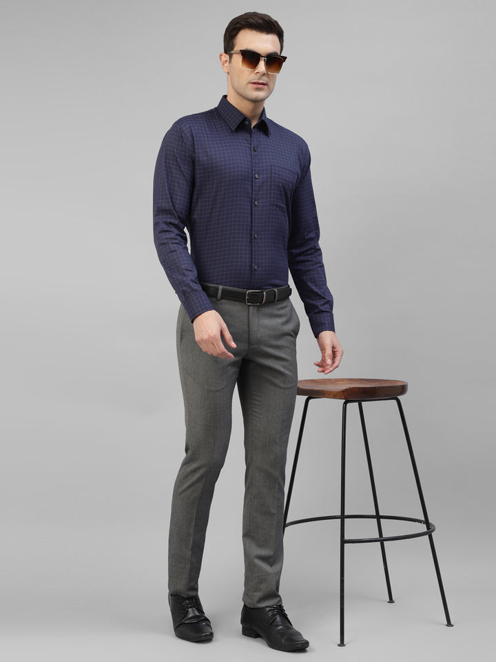 Men Navy Blue Pure Cotton Micro Checked Slim Fit Formal Shirt
