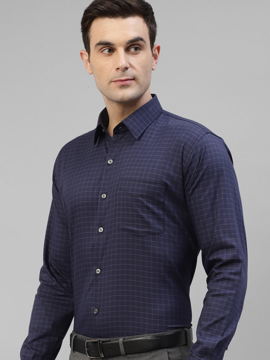 Men Navy Blue Pure Cotton Micro Checked Slim Fit Formal Shirt