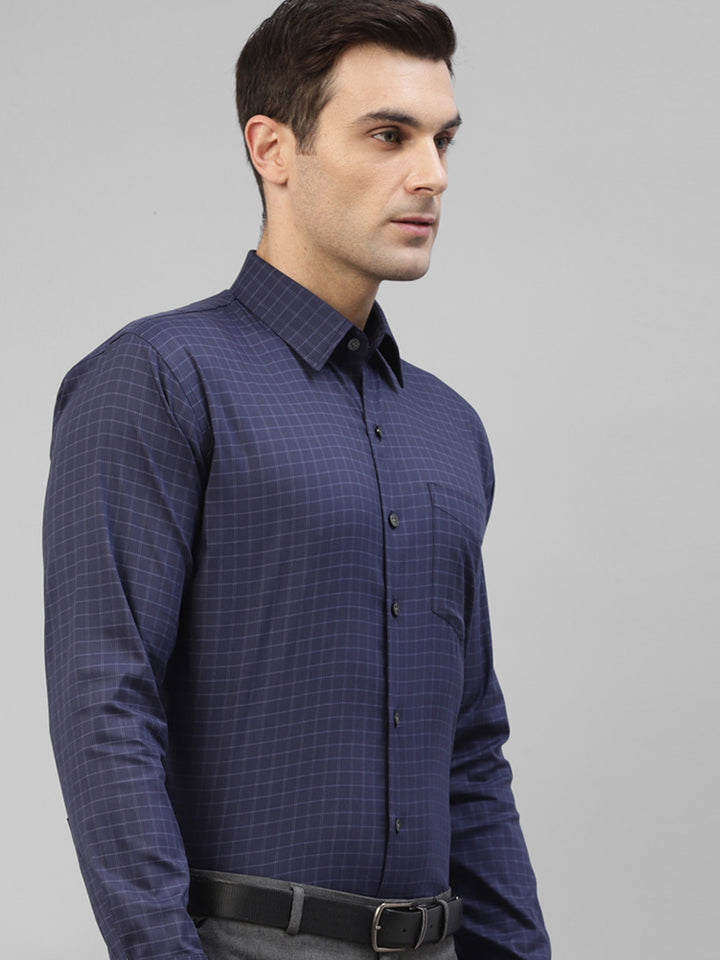 Men Navy Blue Pure Cotton Micro Checked Slim Fit Formal Shirt