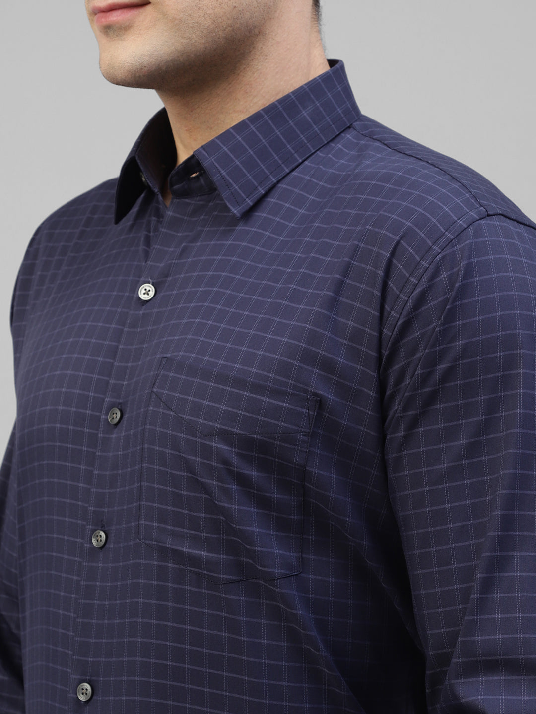 Men Navy Blue Pure Cotton Micro Checked Slim Fit Formal Shirt