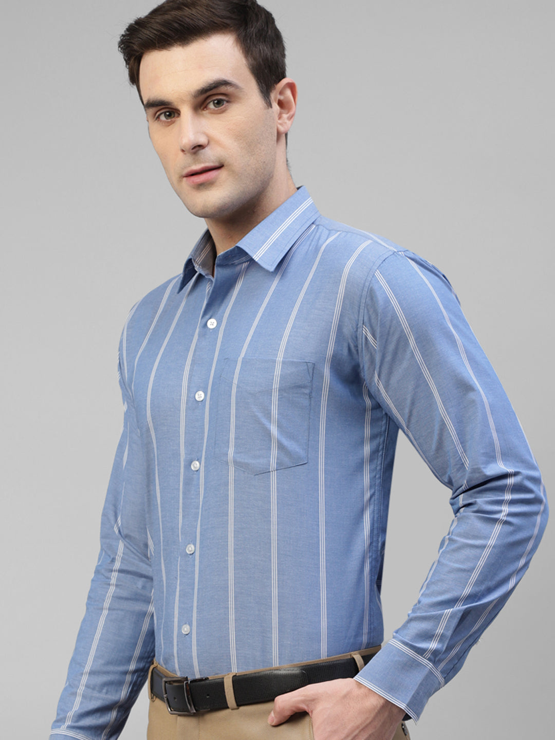 Men Blue & White Vertical Oxford Striped Pure Cotton Slim Fit Formal Shirt