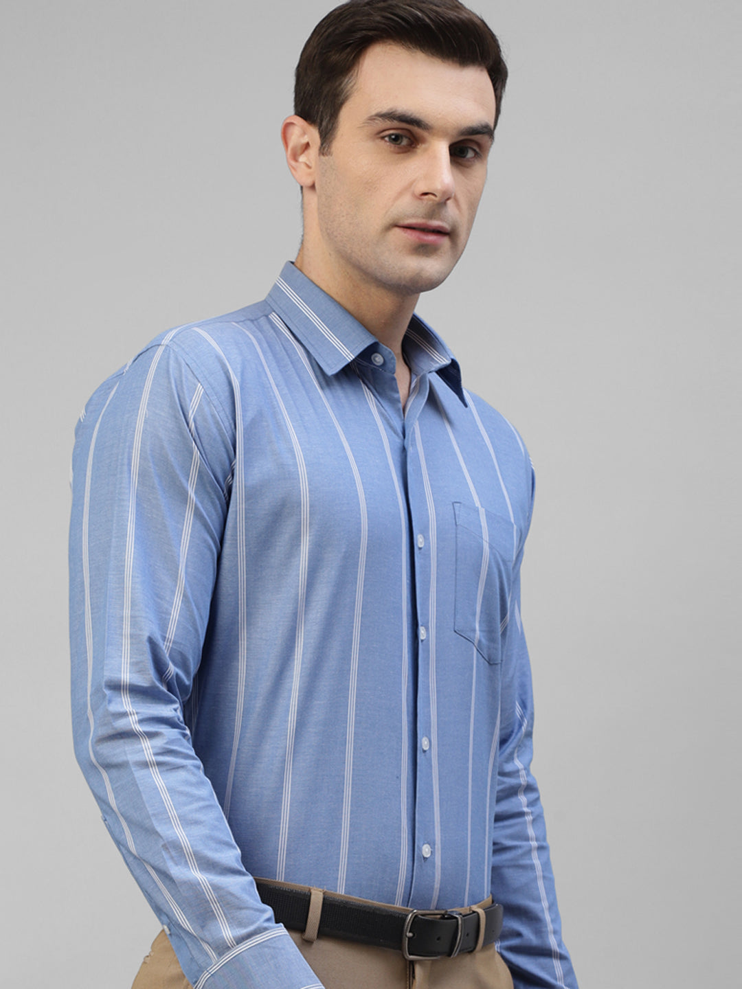Men Blue & White Vertical Oxford Striped Pure Cotton Slim Fit Formal Shirt