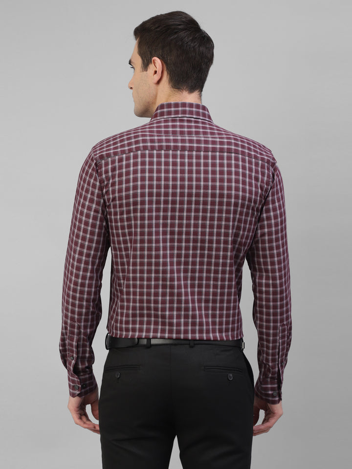 Men Maroon & Grey Pure Cotton Windowpane Checked Slim Fit Formal Shirt