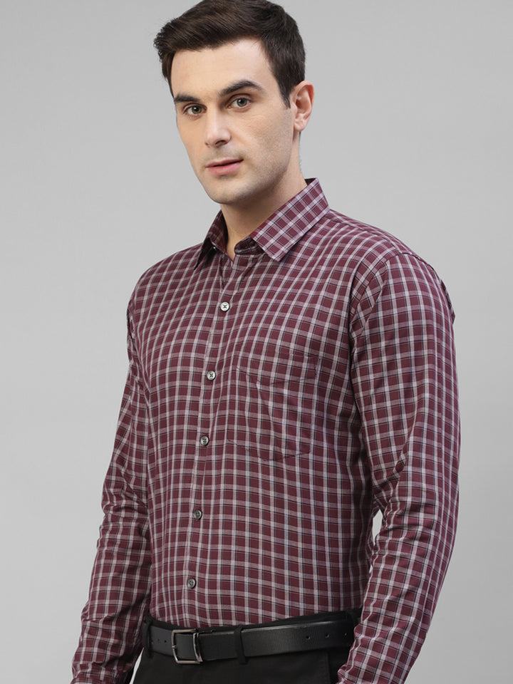 Men Maroon & Grey Pure Cotton Windowpane Checked Slim Fit Formal Shirt