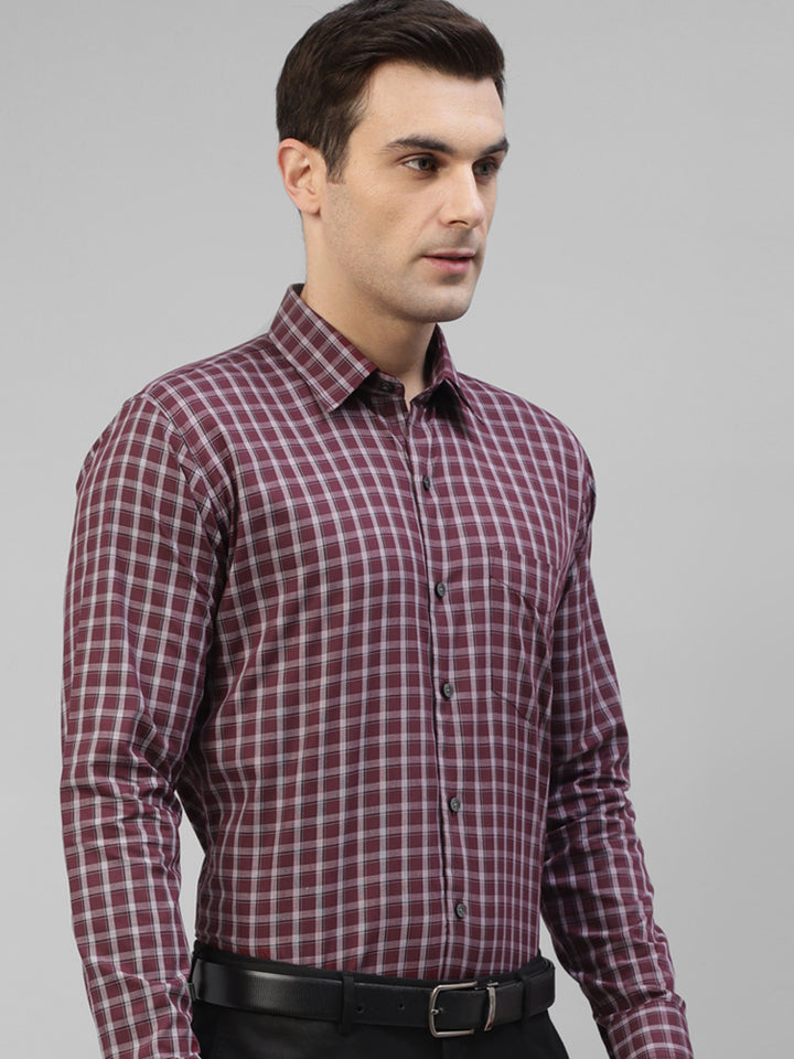 Men Maroon & Grey Pure Cotton Windowpane Checked Slim Fit Formal Shirt