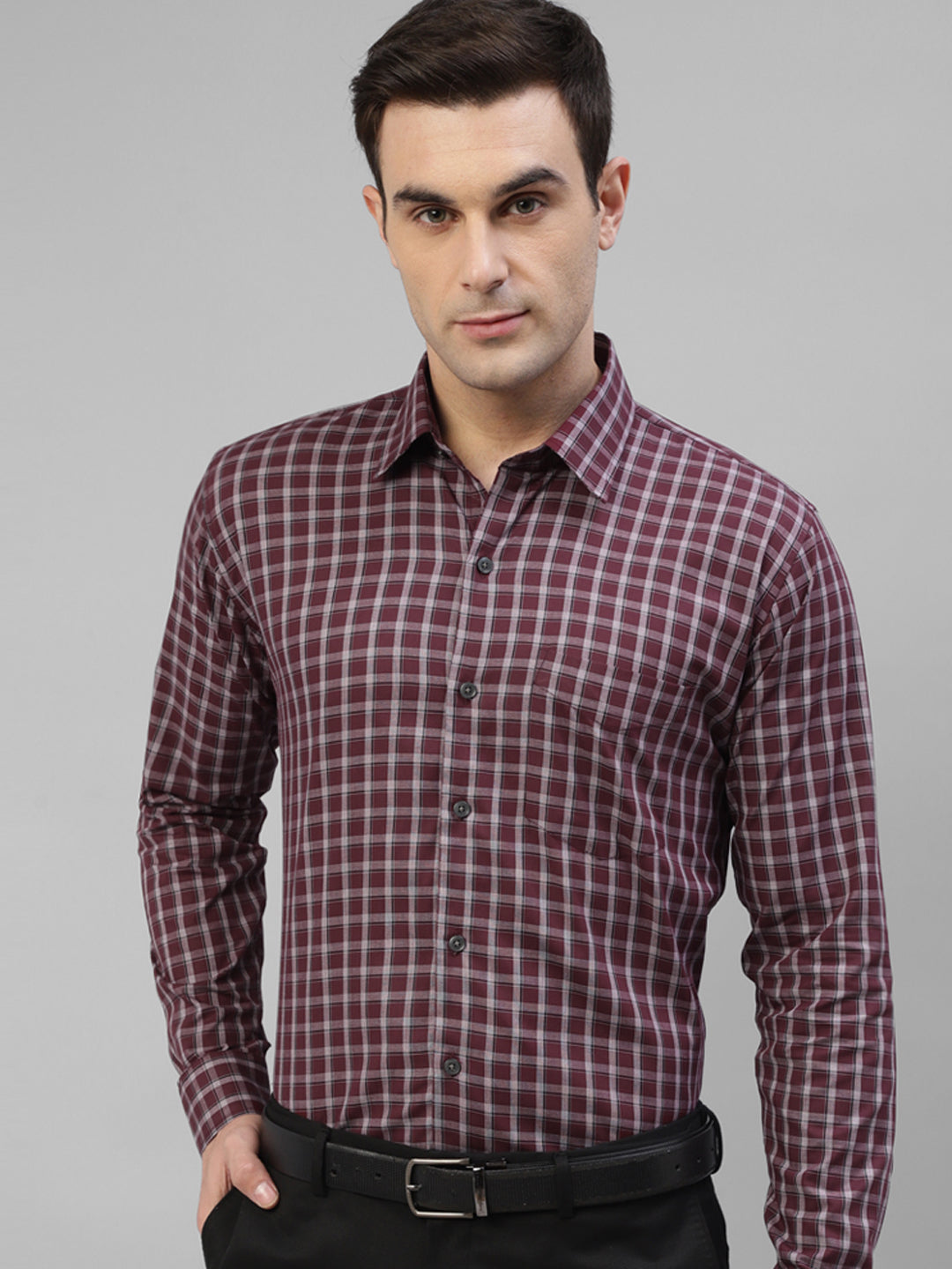 Men Maroon & Grey Pure Cotton Windowpane Checked Slim Fit Formal Shirt