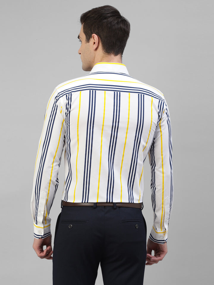 Men White & Navy Blue Vertical Striped Pure Cotton Slim Fit Formal Shirt