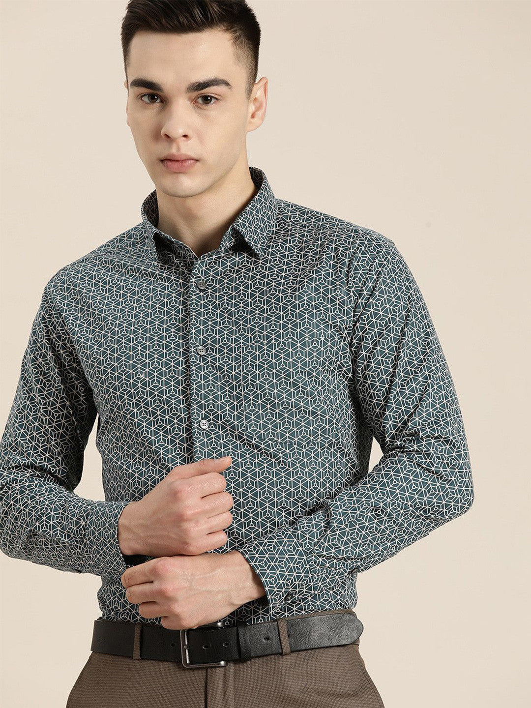 Hancock Men Dark Green Printed Pure Cotton Slim Fit Formal Shirt