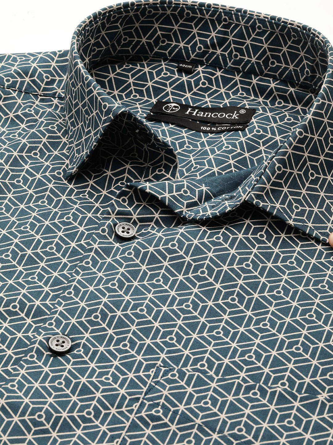 Hancock Men Dark Green Printed Pure Cotton Slim Fit Formal Shirt