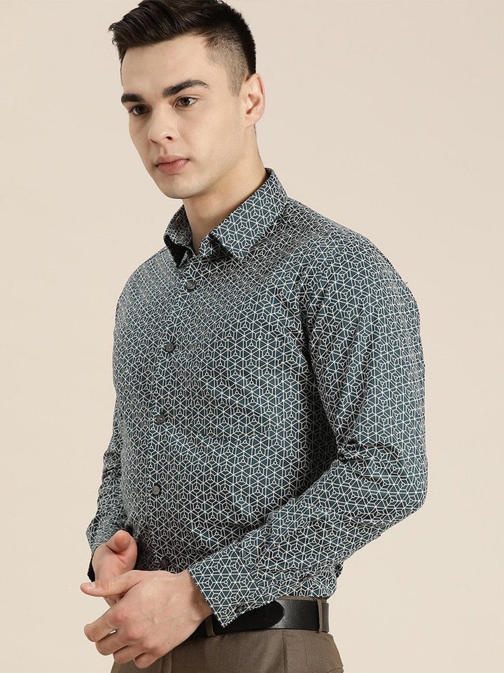 Hancock Men Dark Green Printed Pure Cotton Slim Fit Formal Shirt