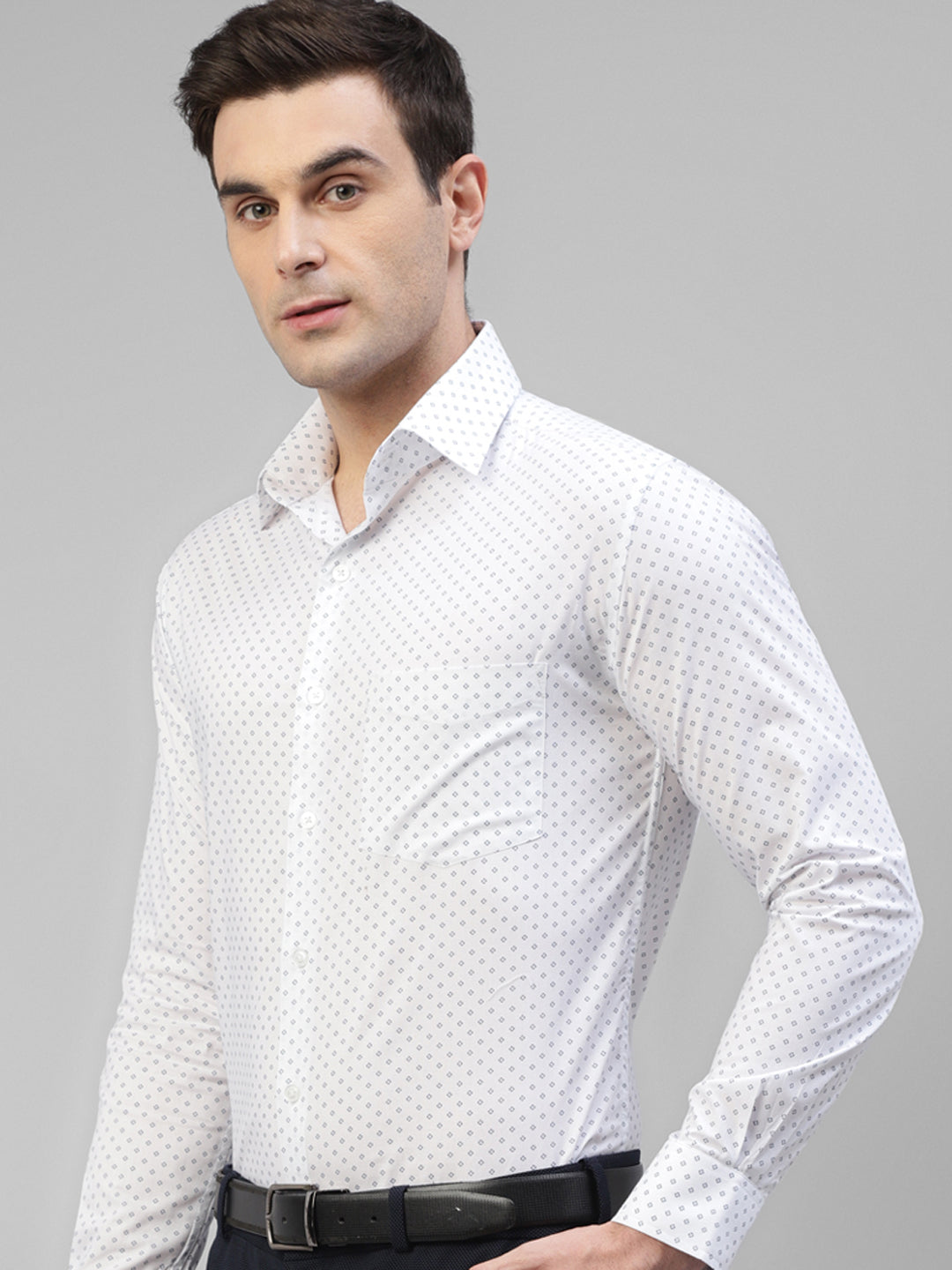 Men White Micro Ditsy Printed Pure Cotton Slim Fit Formal Shirt