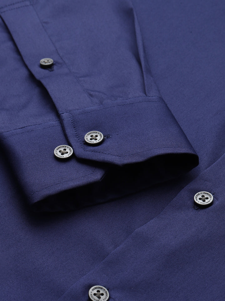 Men Blue Solid Pure Cotton Satin Slim Fit Formal Shirt