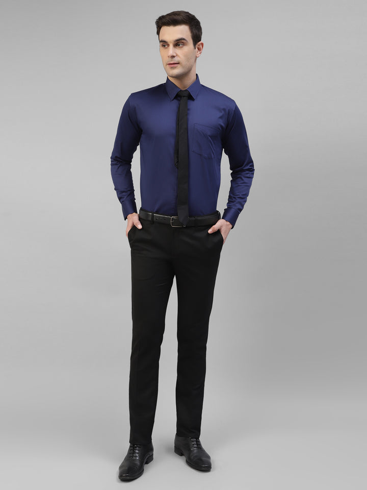 Men Blue Solid Pure Cotton Satin Slim Fit Formal Shirt