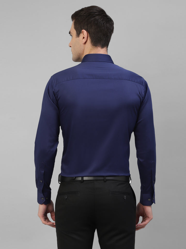 Men Blue Solid Pure Cotton Satin Slim Fit Formal Shirt