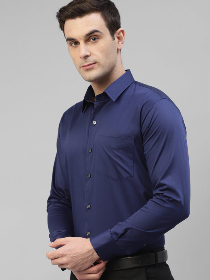 Men Blue Solid Pure Cotton Satin Slim Fit Formal Shirt