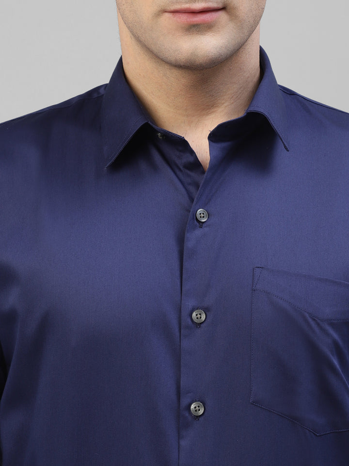 Men Blue Solid Pure Cotton Satin Slim Fit Formal Shirt