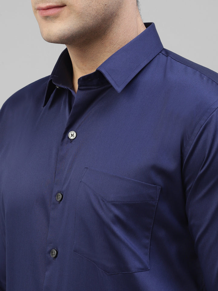 Men Blue Solid Pure Cotton Satin Slim Fit Formal Shirt