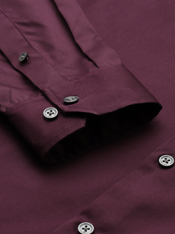 Men Burgundy Solid Pure Cotton Satin Slim Fit Formal Shirt