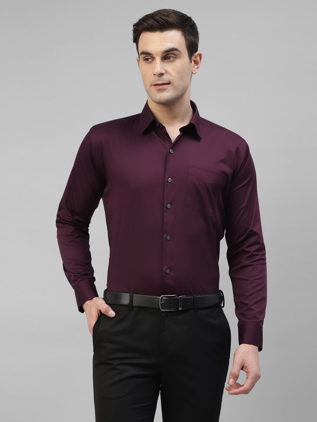 Men Burgundy Solid Pure Cotton Satin Slim Fit Formal Shirt