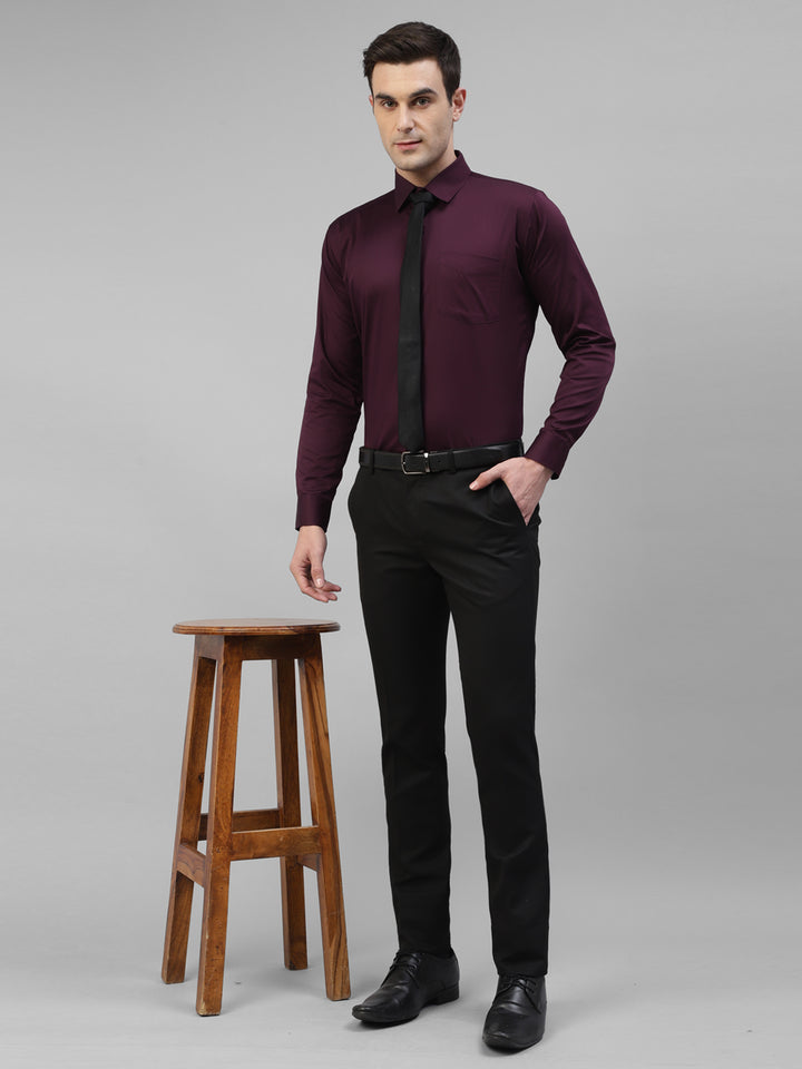 Men Burgundy Solid Pure Cotton Satin Slim Fit Formal Shirt