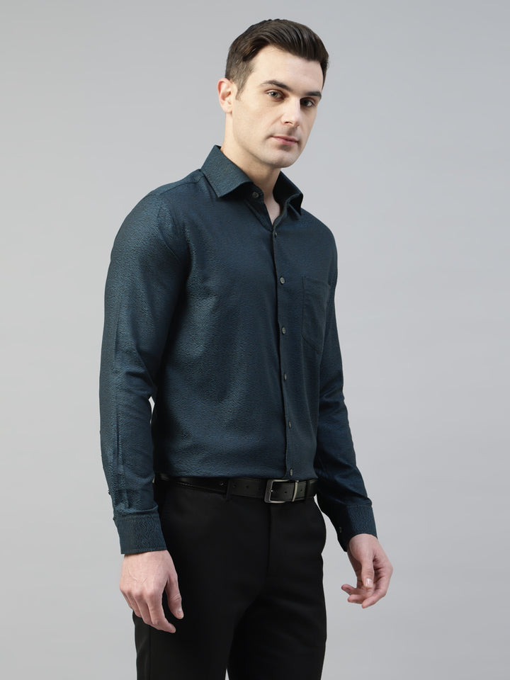 Men Navy Blue & Black Abstract Self Design Pure Cotton Slim Fit Party Shirt