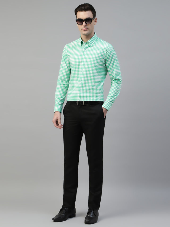 Men White & Green Gingham Checked Wrinkle Resistant Pure Cotton Slim Fit Formal Shirt
