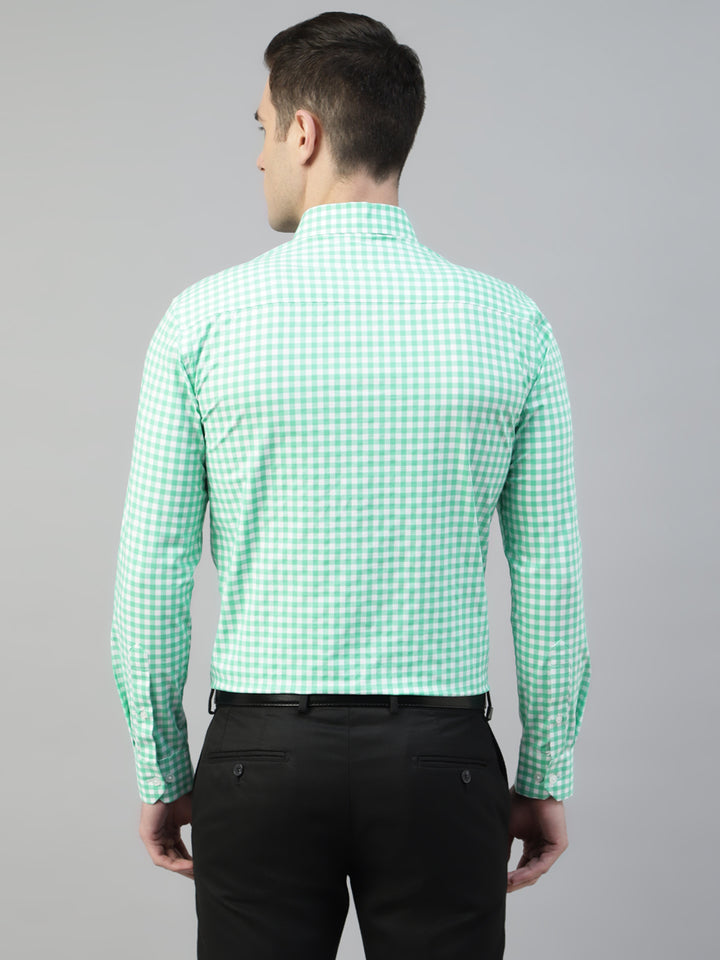 Men White & Green Gingham Checked Wrinkle Resistant Pure Cotton Slim Fit Formal Shirt
