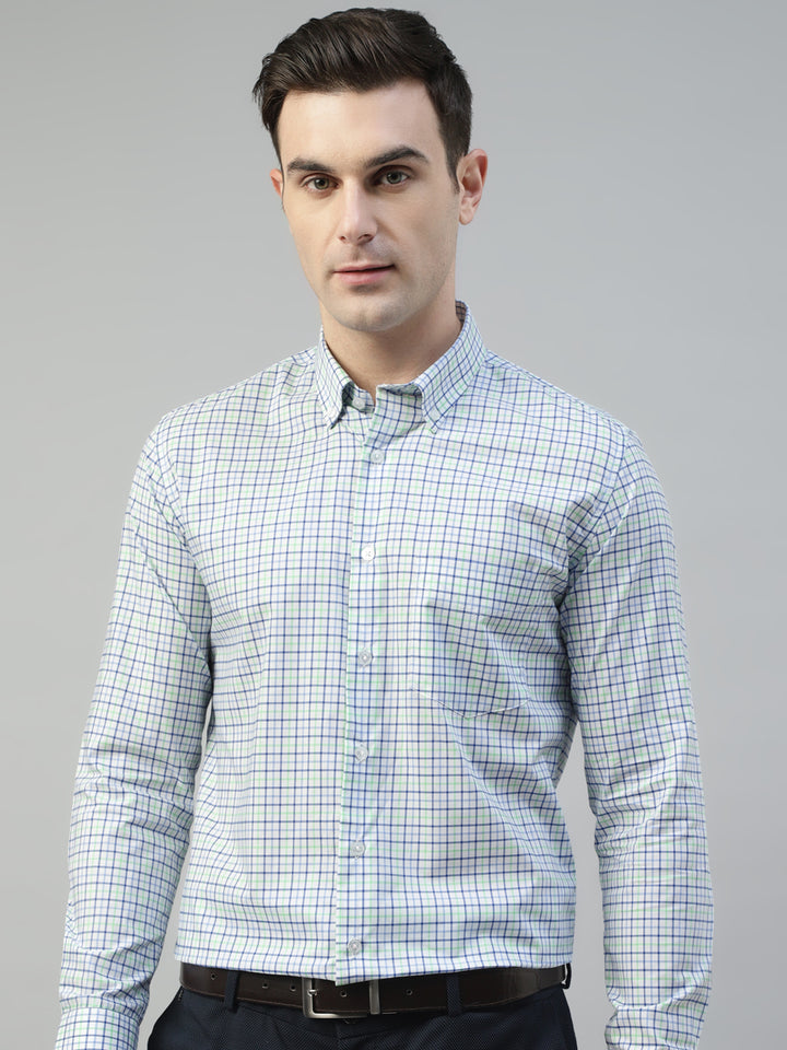 Men white & blue Checked Wrinkle Resistant Pure Cotton Slim Fit Formal Shirt