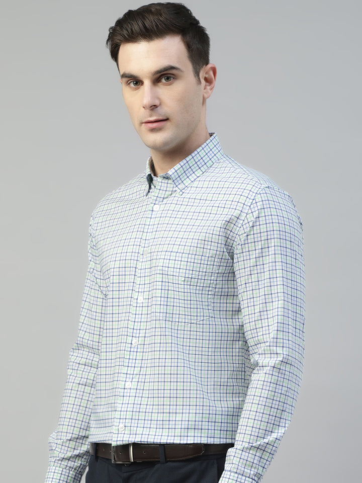 Men white & blue Checked Wrinkle Resistant Pure Cotton Slim Fit Formal Shirt