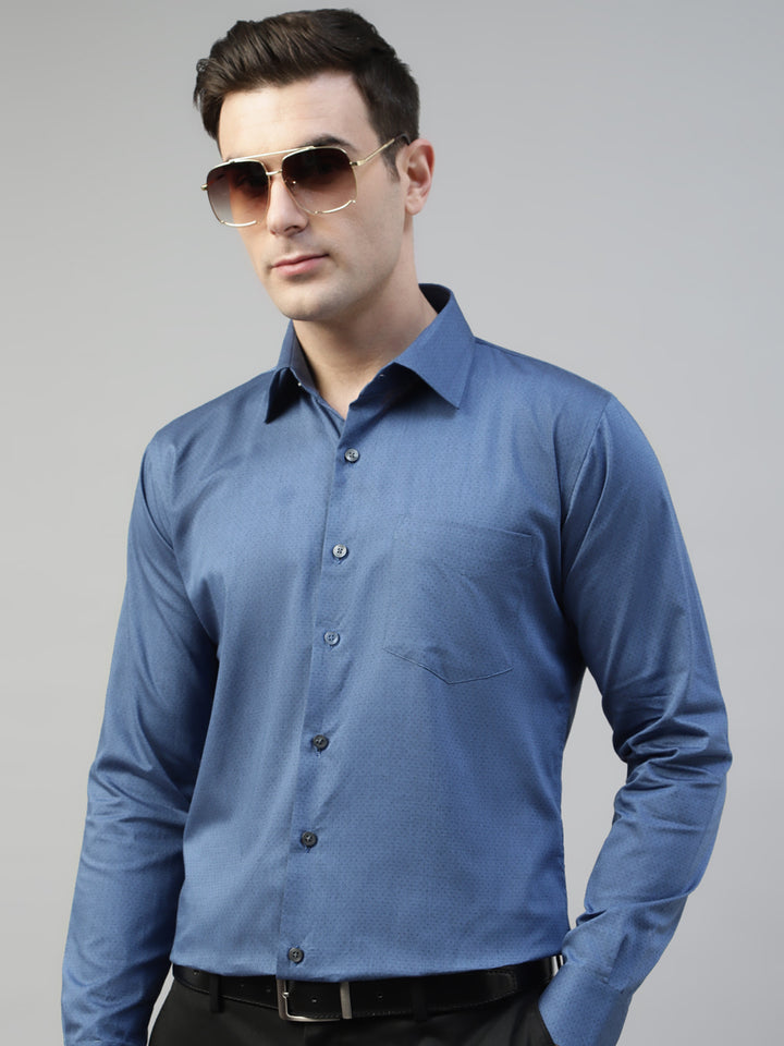 Men Blue Self Design Pure Cotton Wrinkle Resistant Slim Fit Formal Shirt