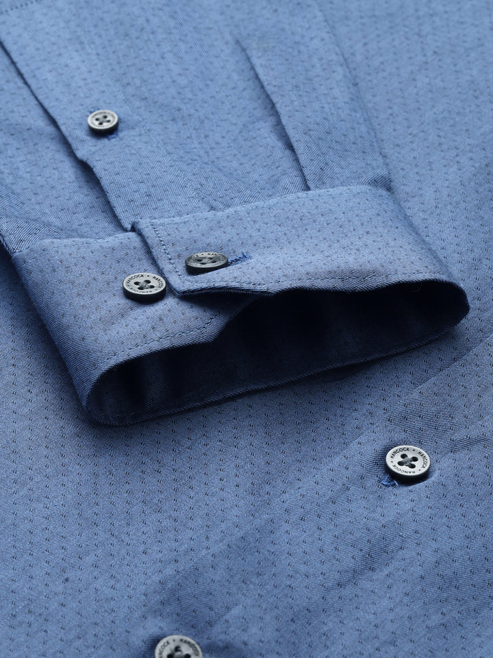 Men Blue Self Design Pure Cotton Wrinkle Resistant Slim Fit Formal Shirt