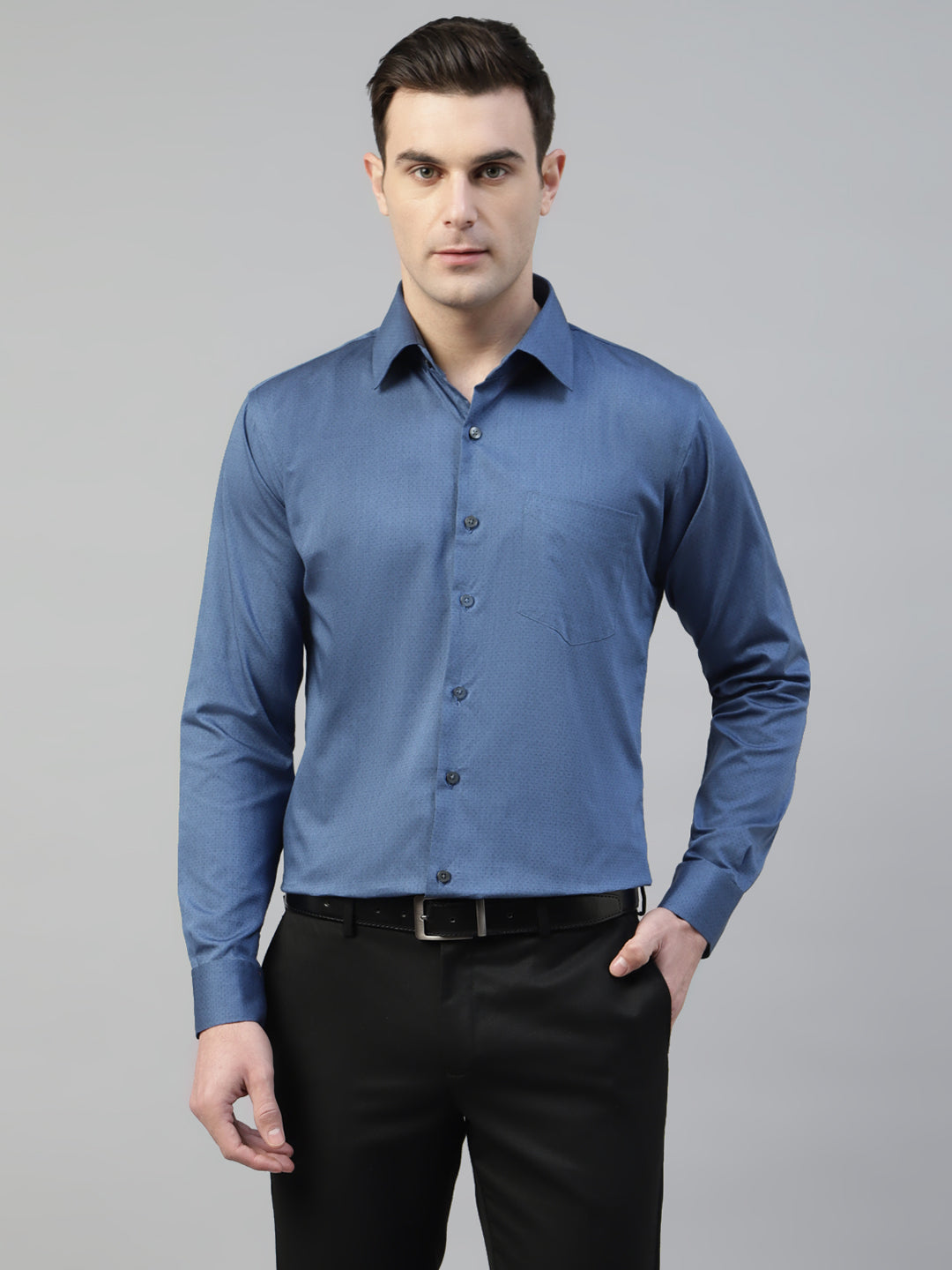 Men Blue Self Design Pure Cotton Wrinkle Resistant Slim Fit Formal Shirt
