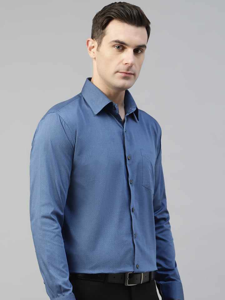 Men Blue Self Design Pure Cotton Wrinkle Resistant Slim Fit Formal Shirt