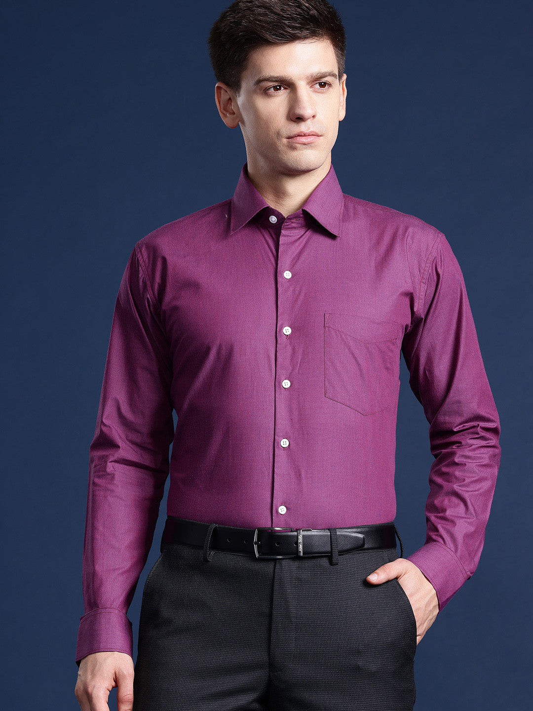Hancock Men Purple Solid Pure Cotton Slim Fit Party Shirt