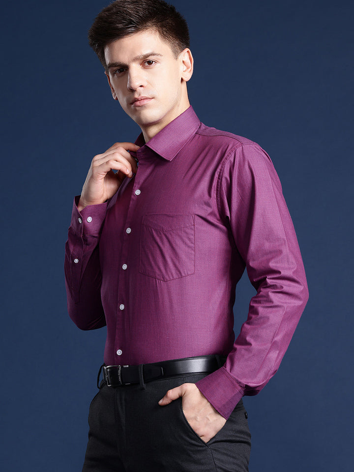 Hancock Men Purple Solid Pure Cotton Slim Fit Party Shirt