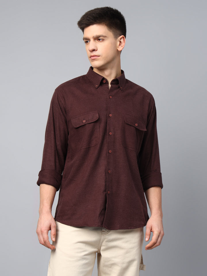 Men Burgundy Solid Cotton Slim Fit Casual Shirt