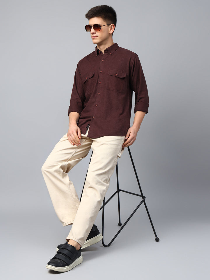 Men Burgundy Solid Cotton Slim Fit Casual Shirt