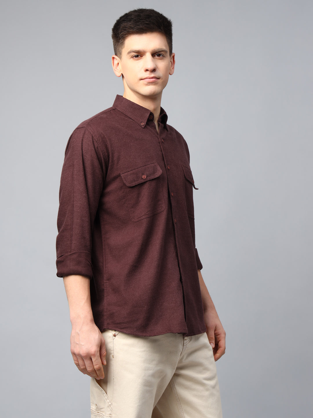 Men Burgundy Solid Cotton Slim Fit Casual Shirt
