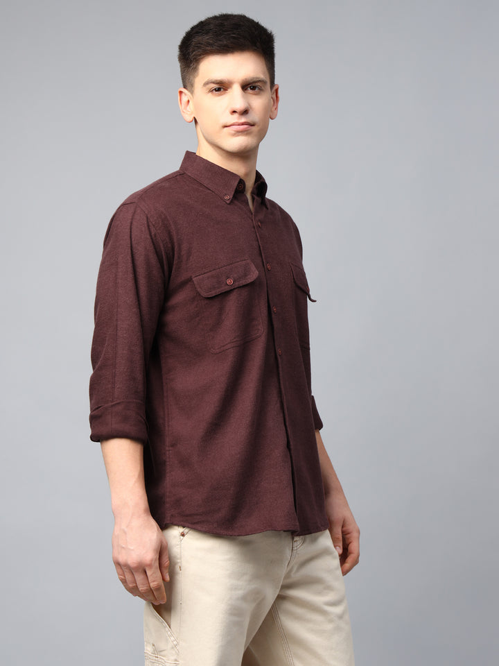 Men Burgundy Solid Cotton Slim Fit Casual Shirt