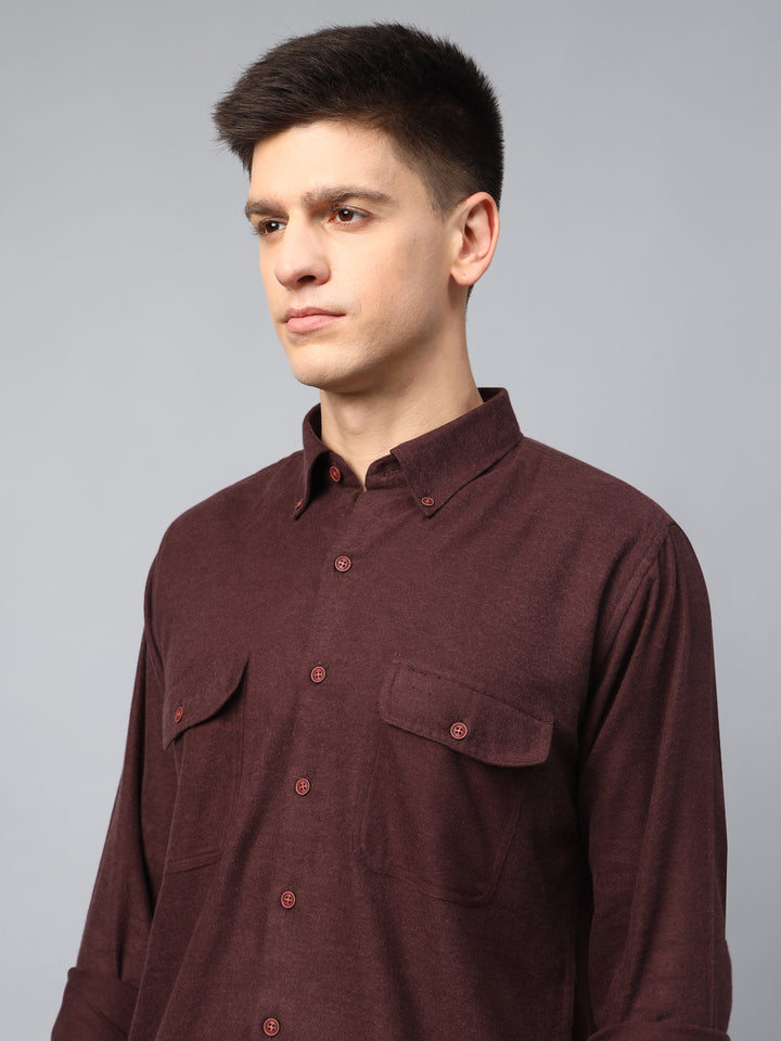 Men Burgundy Solid Cotton Slim Fit Casual Shirt